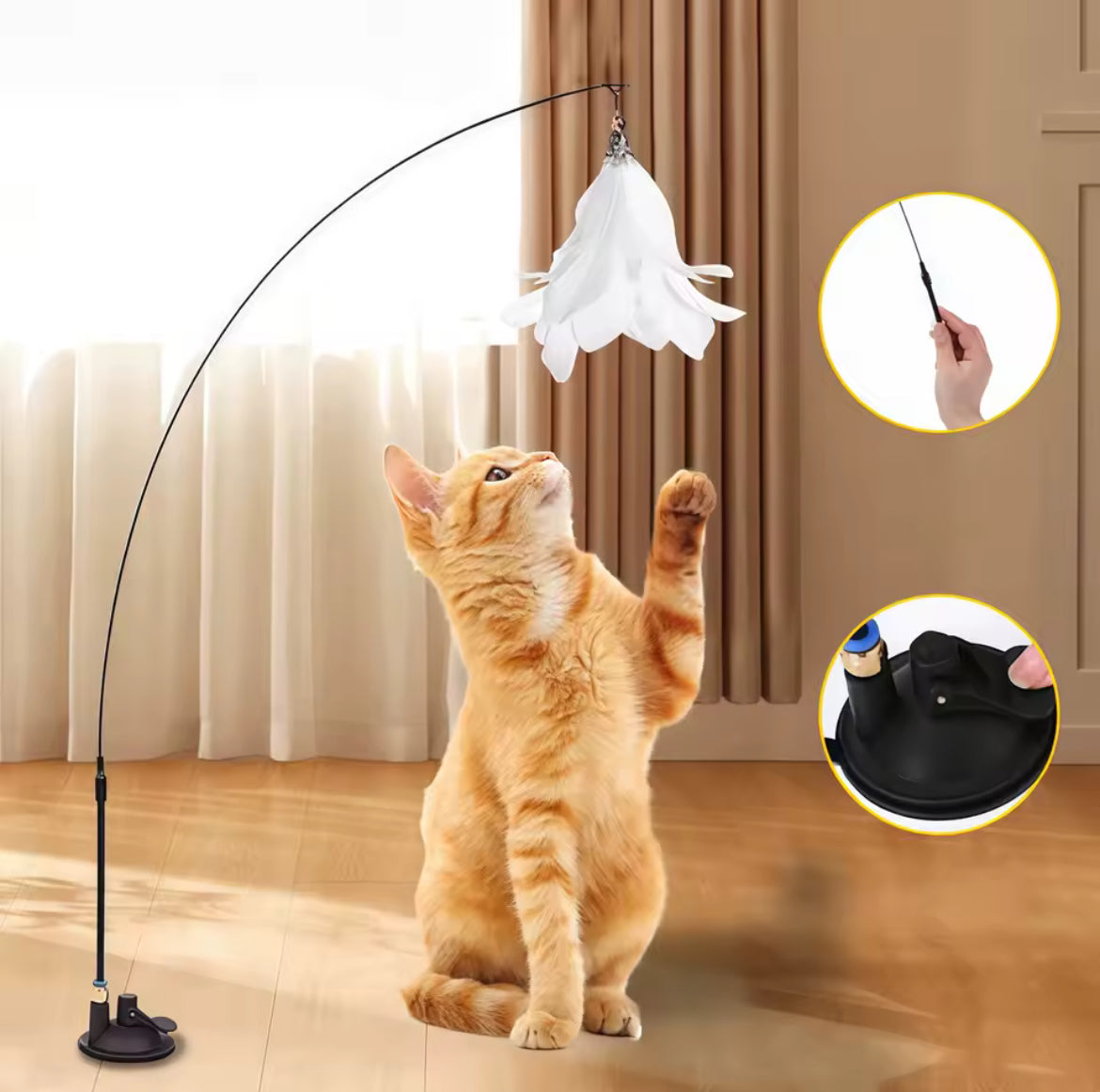 Jouet interactif pour chat – Bâton à plumes avec ventouse et clochette