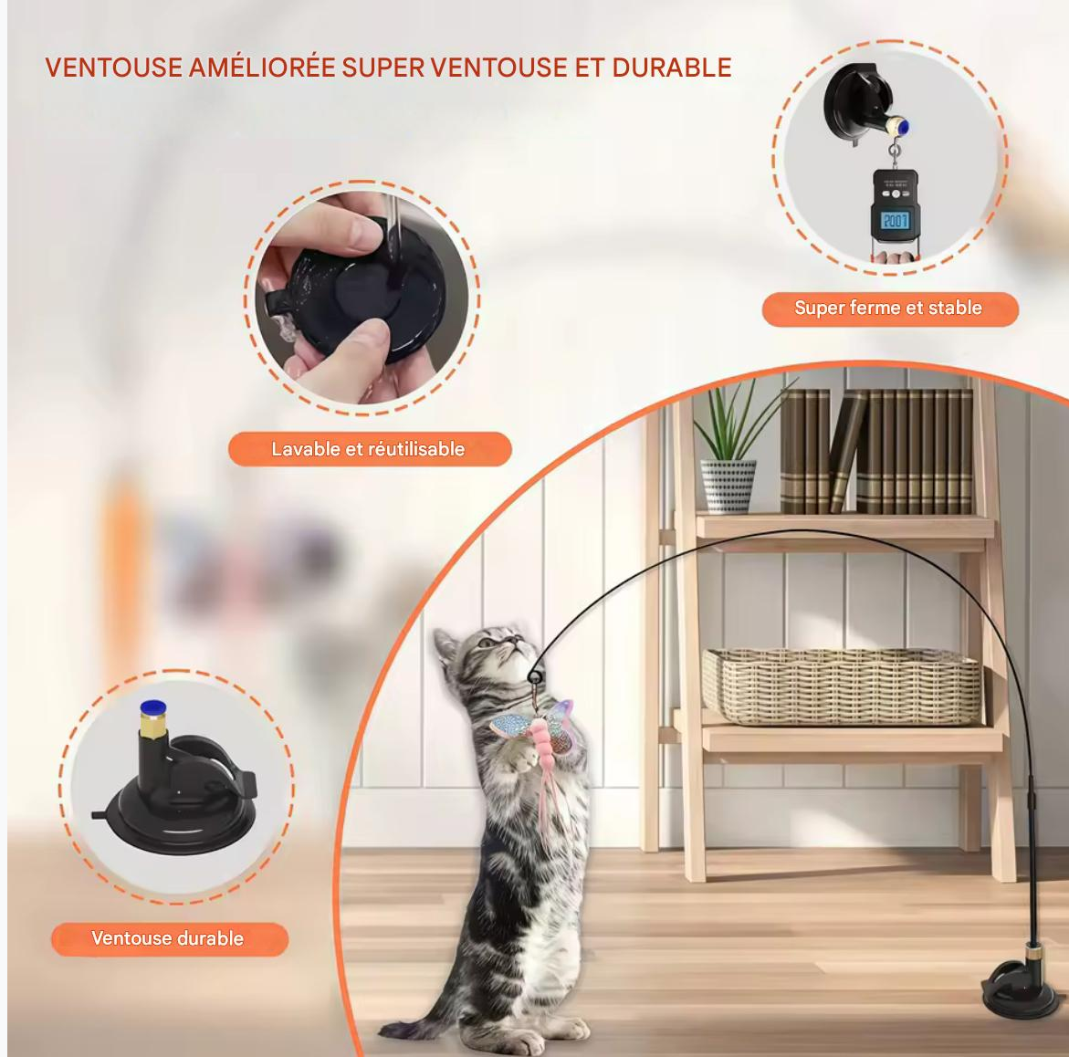 Jouet interactif pour chat – Bâton à plumes avec ventouse et clochette